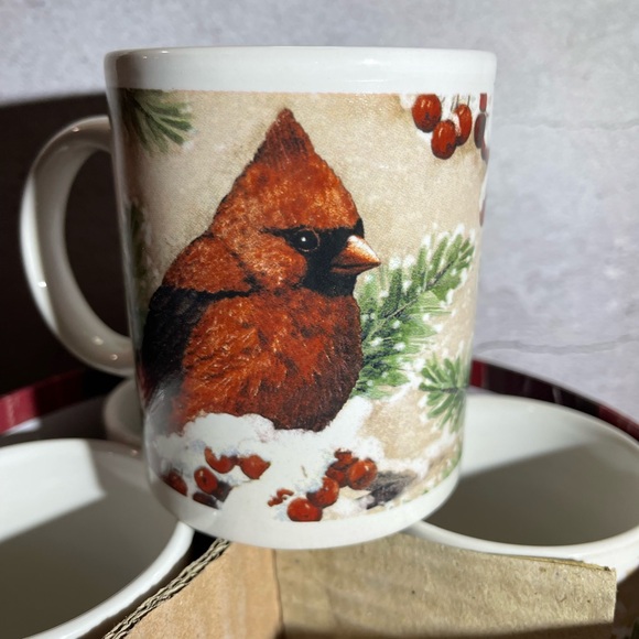Cardinal Tea Coffee Cup Set of 4 Mugs Bird Stoneware Cracker Barrel Plaid VTG - Picture 5 of 9